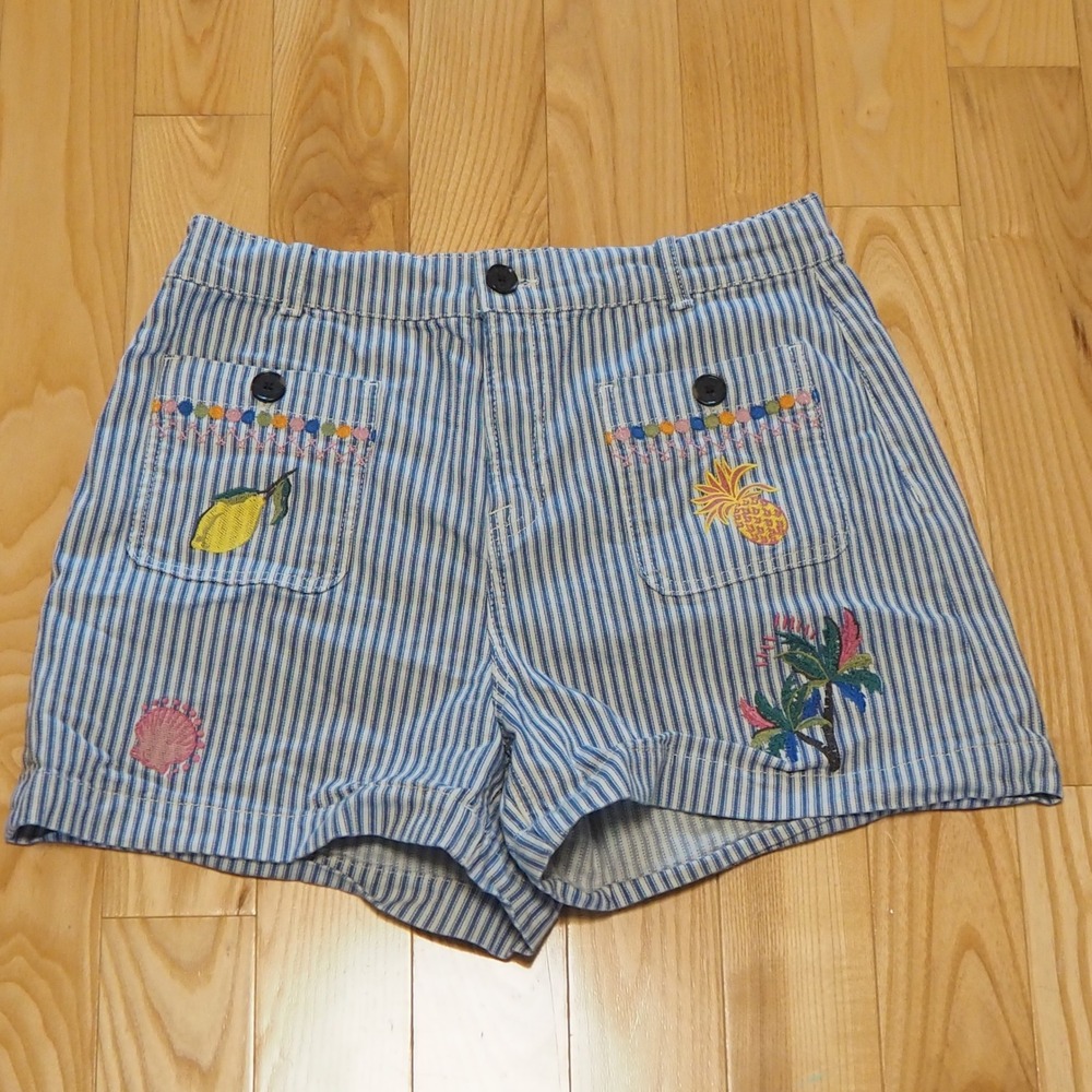 Boden Blue Striped Embroidered Pocket Front Denim Shorts Women's Sz 10 US